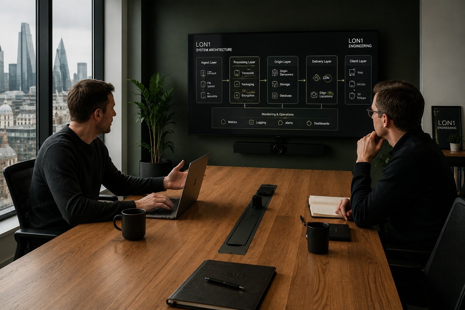 Strategy consulting session with technology roadmap on screen