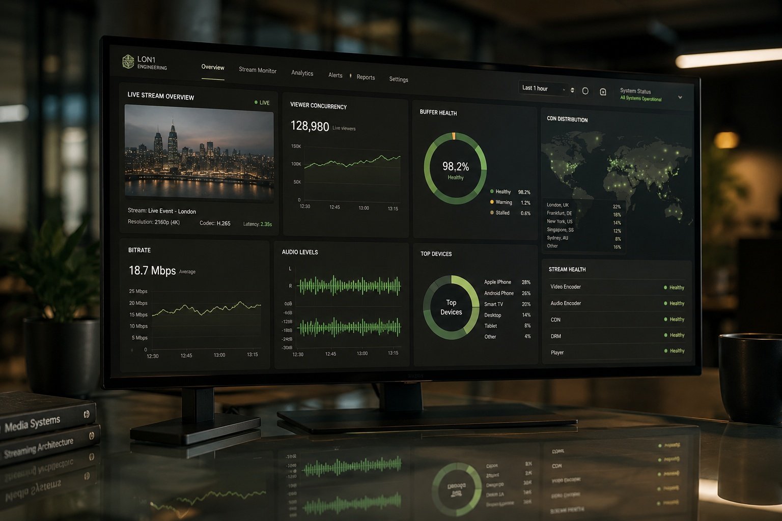 Streaming infrastructure monitoring system displaying real-time bitrate and buffer metrics