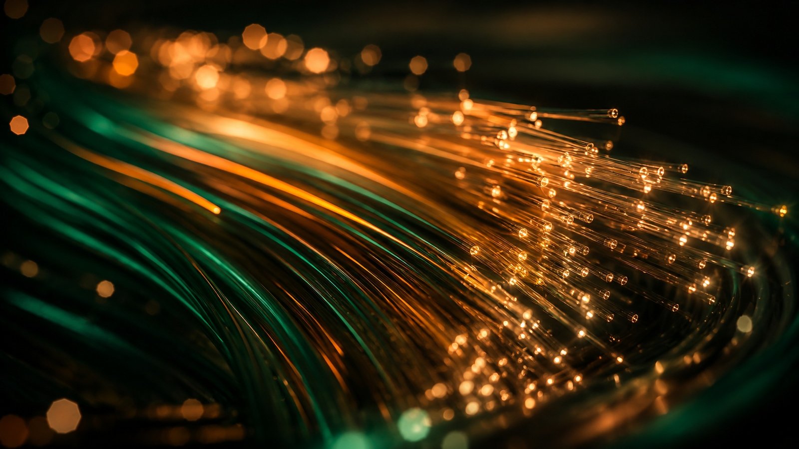 Media streaming infrastructure visualisation — fibre optic signal pathways in deep green and amber tones